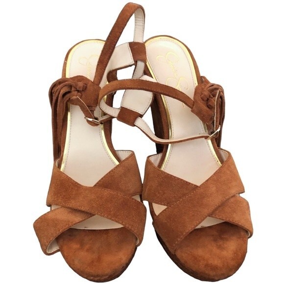 Jessica Simpson Suede Platform Wedge Sandals Tassel Ankle Strap Heels size 10 - Picture 10 of 12